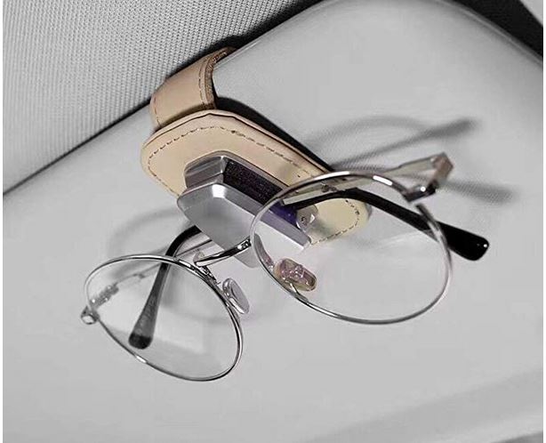 Frienda 2 Pieces Glasses Holder for Car Sun Visor Black, Beige Car Visor Sunglasses Clip Storage Case Automotive Eyeglasses Organizer Car Accessories for Most Cars Models